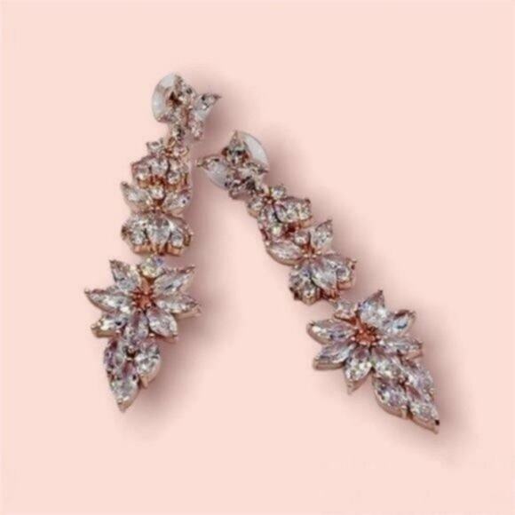 18K Rose Gold Marquise Bridal Drop Dangle Earrings - Picture 5 of 5